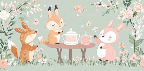 Naklejka premium Forest friends enjoy a delightful tea party amongst blossoming flowers