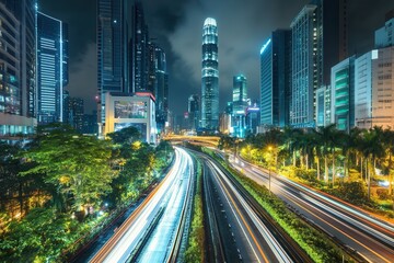 Fototapeta premium Vibrant night cityscape with dynamic light trails in urban downtown.