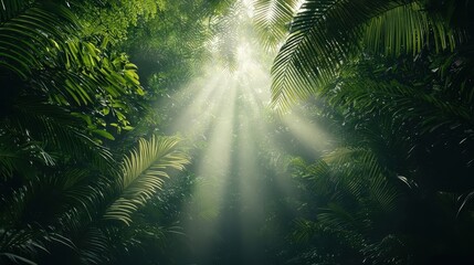 Layered rainforest scene with dense mist, sunlight piercing through, and visible water vapor