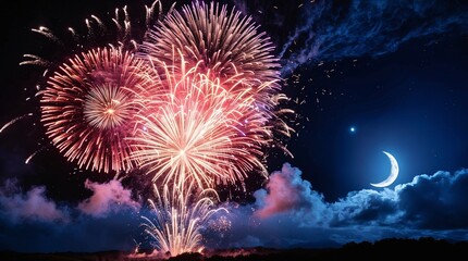 Spectacular New Year's Eve Fireworks. Vibrant Fireworks Display Over Cityscape