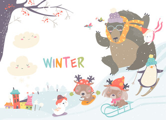 Vector illustration, cute animals playing winter games, card concept