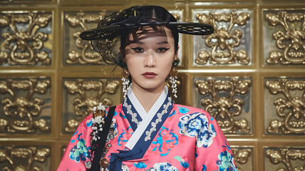 HanbokInspired Modern Look A Korean model in a modern twist on the traditional hanbok paired with contemporary accessories and bold makeup Photography copyspace glossy effect