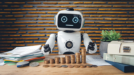 A friendly robot organizing stacks of coins and paper reports managing finances with ease Photography copyspace glossy effect