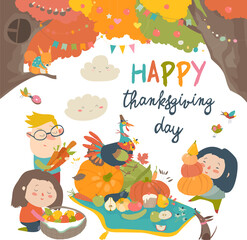 Cartoon children harvesting in autumn garden. Happy Thanksgiving Day. Vector illustrationv