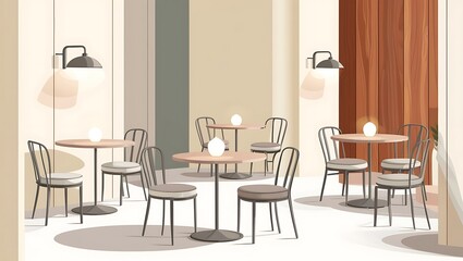 Minimalist Cafe Interior Design With Small Tables And Chairs