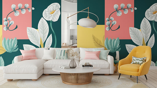 interior design mockup Soft and smooth white silk fabric with elegant pleats and folds perfect for a luxurious look and feel Retro Pop Hot pink teal lemon yellow white Botanical Illustration