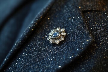 Elegant blue gem brooch on sparkling fabric.