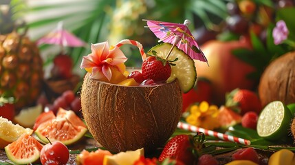 Tropical fruit cocktail in coconut.