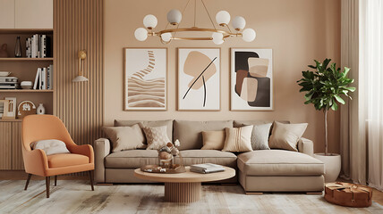 interior design mockup Shabby chic country interior design of modern living room Warm Beige Caramel mocha cream taupe Charcoal Drawing