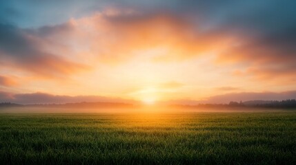 Farmland fields landscape sunset, A serene sunrise over a lush green field, casting warm golden light and soft clouds in the sky.