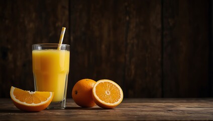 A glass of orange juice with a straw sits beside whole and sliced oranges on a wooden surface, against a dark background.