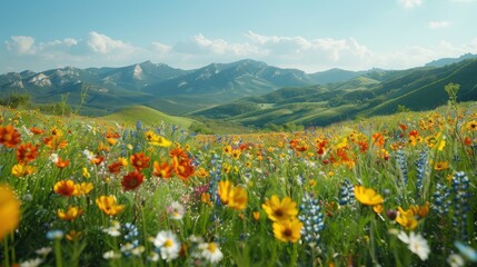 Obraz premium Lush Green Valley with Wildflowers in Bright Morning Light