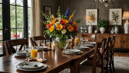 A beautifully set dining table features elegant dishware, floral centerpiece, and glasses, illuminated by natural light.