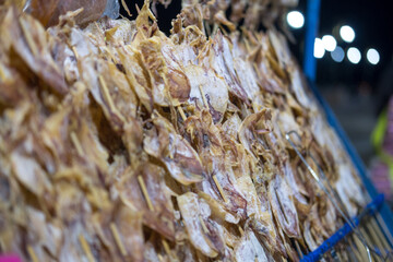 Squids for roasted hanging on mobile cart in Thai night market.