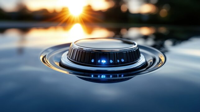 Close-up of a silver knob with blue light on a dark surface.