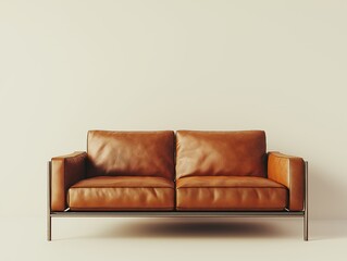 Warm brown leather loveseat with a metallic frame, perfect for a rustic or modern living space  