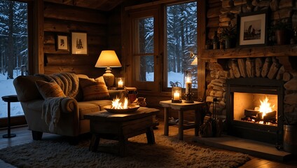 Cozy cabin interior with a sofa, fireplace, and wooden tables, illuminated by warm candles and a lamp, surrounded by snow.