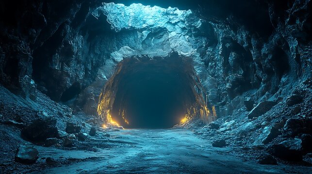 A glowing cave entrance in a mining quarry with silver veins and rugged stone shafts