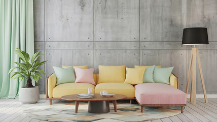 interior design mockup 3D rendering of a minimalist living room with a gray concrete wall wooden sofa and a black lamp Spring Awakening Blush pink soft yellow mint sky blue Low Contrast Monochrome