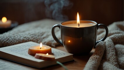 A cozy scene featuring a lit candle, a steaming cup, and an open book on a textured blanket, creating a warm atmosphere.