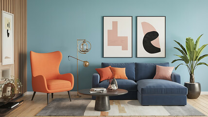 interior design mockup Orange armchair and blue sofa near blue wall with frames Minimalist memphis style interior design of modern living room Minimal Chic White light gray black blush pink War Art