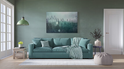interior design mockup Interior of living room with sofa and pouf 3d rendering Morning Dew Light green pale blue lavender soft gray Survivor Art