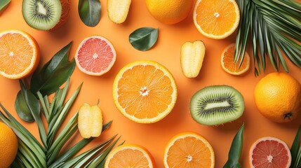 Fresh citrus and kiwi slices on an orange background with green leaves