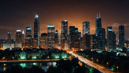 Fototapeta premium A stunning nighttime skyline view of a city, featuring tall skyscrapers illuminated against a dark sky.