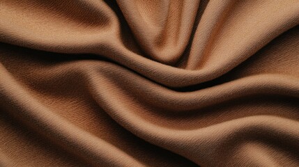 Elegant smooth silk fabric, flowing wavy line background in trendy Mocha Mousse - color of the year 2025. Flat lay, top view 