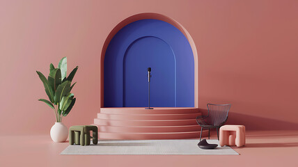 interior design mockup 3D rendering of a minimalist stage with a microphone and speaker in the center Mediterranean Vibes Terracotta cobalt blue olive green white Art Therapy Style