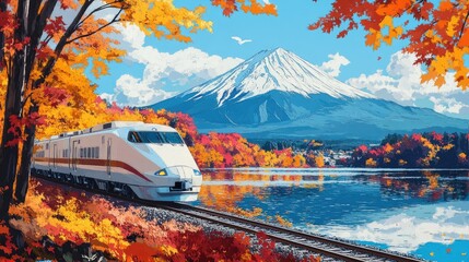 A sleek high-speed train glides through vibrant autumn landscapes with Mount Fuji in the background, capturing the beauty of nature and technology.