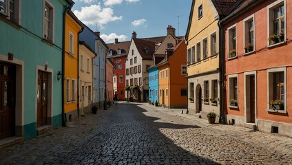 Fototapeta premium A cobblestone street lined with colorful houses in shades of blue, yellow, and orange, under a bright sky with clouds.