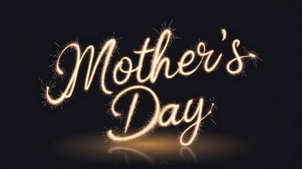 Vibrant Golden Script Text Effect for Mother&rsquo;s Day on a Deep Black Background with Sparkler-Like Glow and Reflections