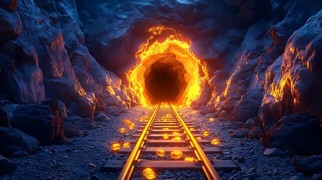 A 3d cartoon mining quarry landscape with a copper ore mine tunnel glowing gold pieces and stone shaft walls