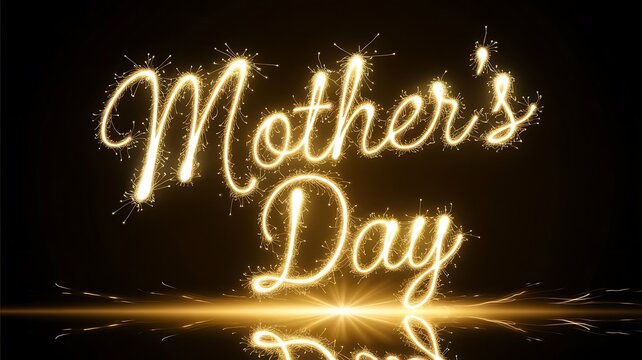 Vibrant Golden Script Text Effect for Mother’s Day on a Deep Black Background with Sparkler-Like Glow and Reflections