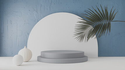 interior design mockup 3D rendering of a gray podium with a palm leaf on the right in front of a white background in a minimalist style Faded Denim Indigo soft blue offwhite gray Cubism