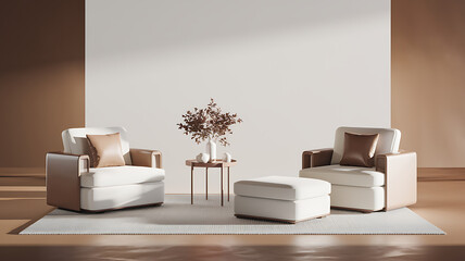 interior design mockup Two modern white armchairs and a footstool in a bright minimalist room with a white wall background rendered in 3D Warm Beige Caramel mocha cream taupe Vaporwave