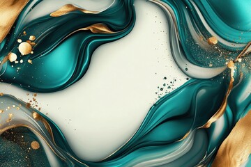 Emerald green and gold marble texture on white background with copy space
