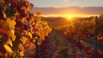 Serene Autumn Sunset Over Golden Vineyard Landscape