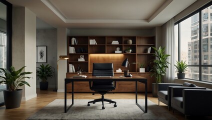 A modern office features a wooden desk, a black chair, bookshelves, plants, and large windows with city views.