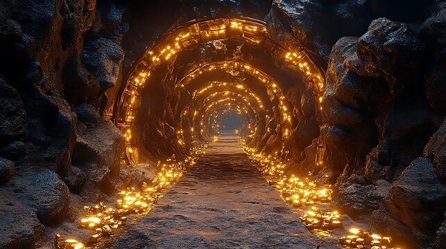 A 3d cartoon mining scene with copper ore tunnels glowing gold pieces and rugged stone walls
