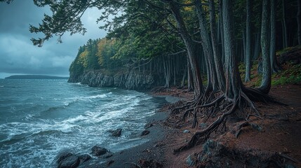 A coastal forest with trees clinging to rugged cliffs overlooking the ocean, their roots exposed by the salty wind. Waves crash against the shore below, adding drama to the serene landscape. 