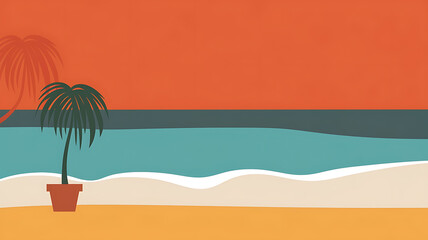 interior design mockup Minimalistic summer beach scene with turquoise ocean white sand and potted palm tree Autumn Hues Rust pumpkin mustard dark green Screen Printing