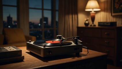 A vintage record player sits on a wooden table in a dimly lit room, with a soft lamp glowing nearby, creating a cozy atmosphere.