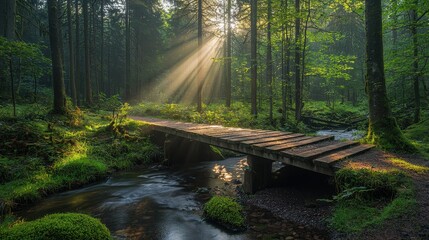 Obraz premium A dense forest with sunlight piercing through the canopy, casting long rays onto a wooden footbridge crossing a quiet stream. The moss-covered ground and serene environment exude tranquility. 