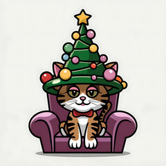 Naklejka premium Christmas tree wearingsilly hatcomical cat isolated on white background cutout png design asset funny conceptModern
