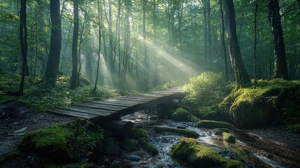 A dense forest with sunlight piercing through the canopy, casting long rays onto a wooden footbridge crossing a quiet stream. The moss-covered ground and serene environment exude tranquility. 