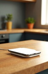 A smartphone rests on a charger, surrounded by warm wood and potted plants in a bright kitchen space