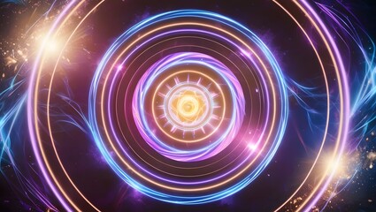 Obraz premium Glowing Magic Circle with Rotating Neon Lines in Blue, Purple, and Gold 