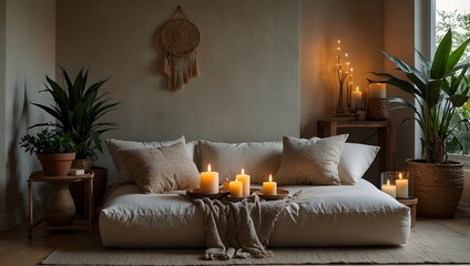 A cozy living space featuring a large white sofa adorned with pillows, candles, plants, and warm lighting for a serene atmosphere.